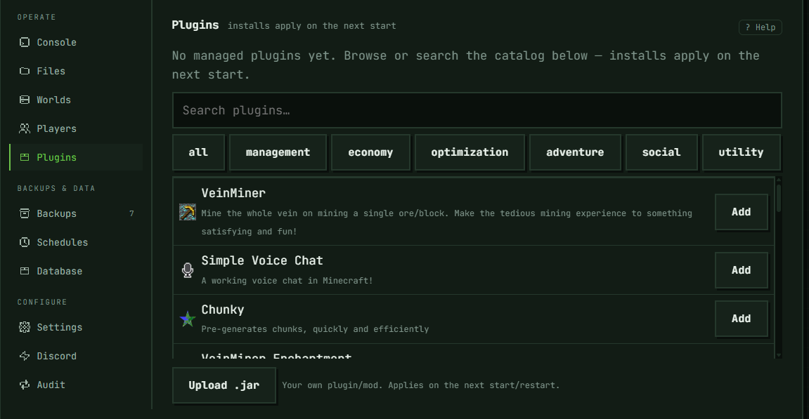 The catalog on a Paper server, where the section is labelled Plugins: the search box, the category chips, an Add button per result, and Upload .jar underneath.