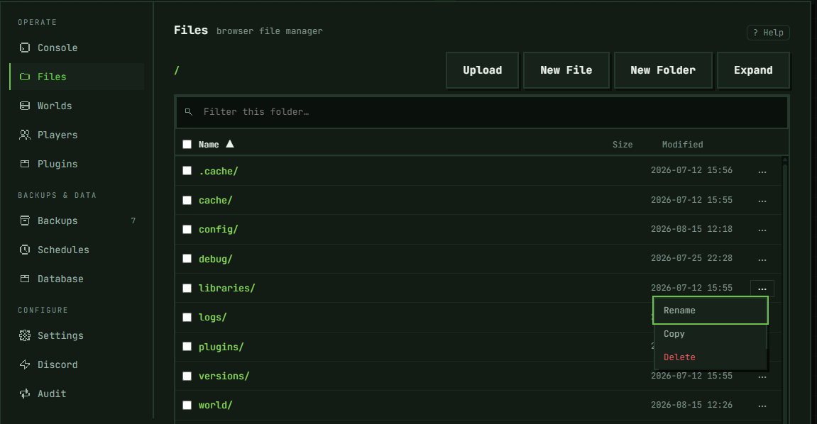 The Files section: breadcrumbs, the filter box, sortable columns, and a folder row's menu open — Rename, Copy and Delete, with no Download, because only files can be downloaded one at a time.