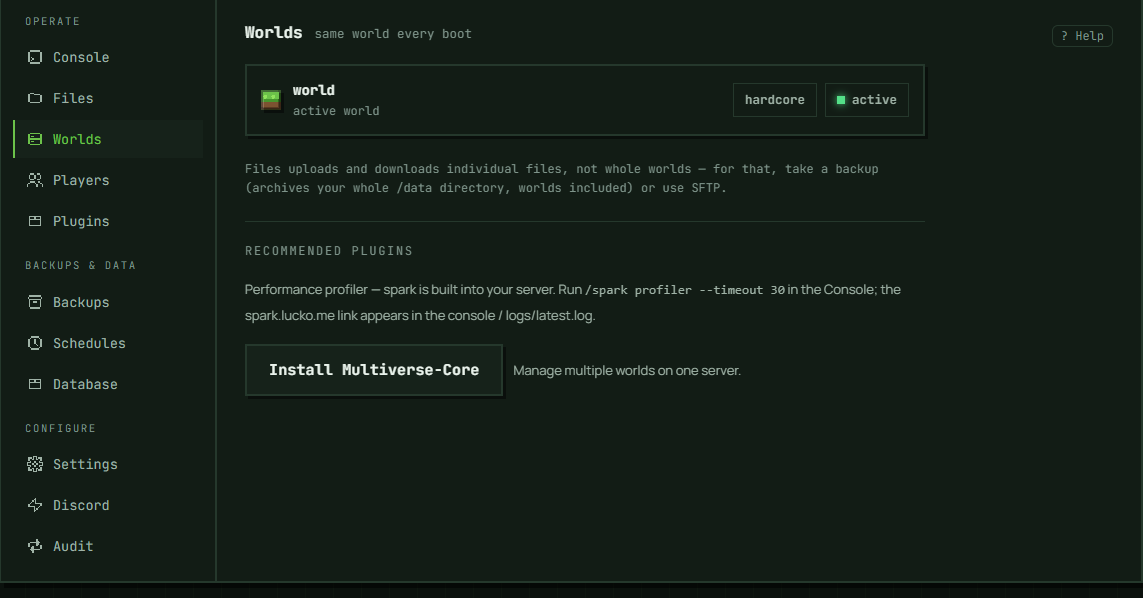 The Worlds section: the active world, and underneath it the panel's own note that Files moves individual files rather than whole worlds — take a backup or use SFTP for that.