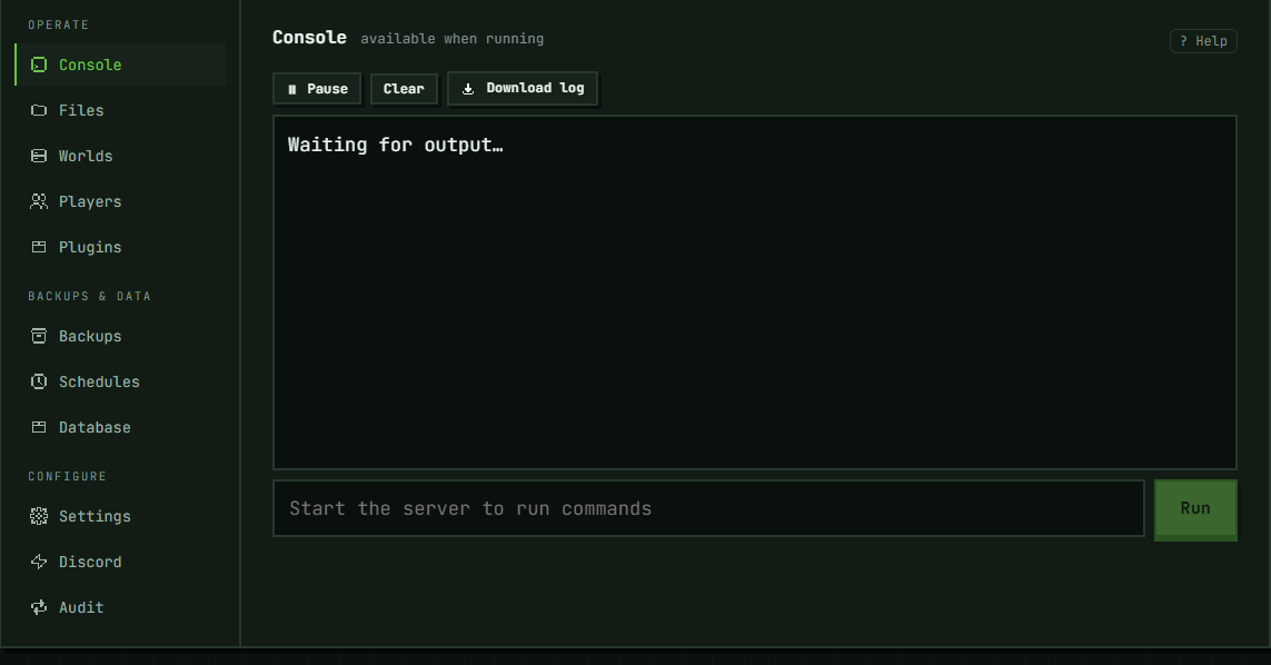 The section rail on a server's page, with its three groups and the contextual ? Help link that opens the article for whichever section you are in.