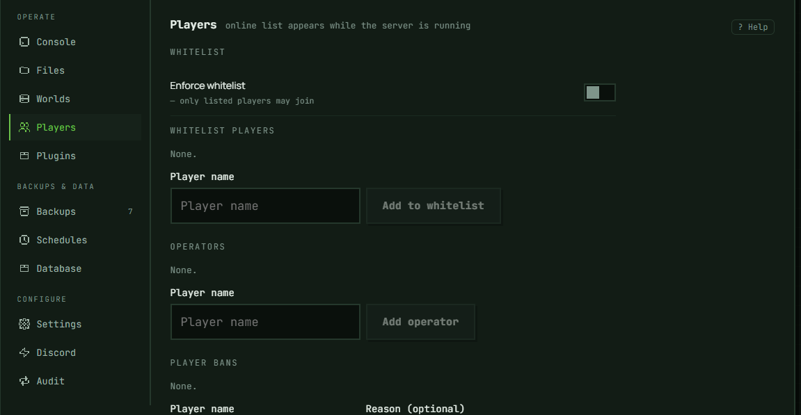 The Players section: the Enforce whitelist toggle above the list it controls, then the whitelist, operators and bans. Note the toggle's own sub-line understates the rule — operators join whether or not they are listed.