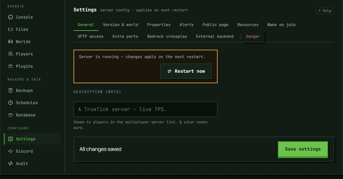 The Settings section: the full tab strip — twelve tabs, including Resources, which a free-plan server does not get, and Bedrock crossplay, which only plain Paper and Purpur do — with the save bar underneath.